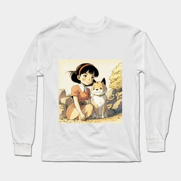 Girl & Shiba Inu's Endearing Bond Long Sleeve T-Shirt by WabiSabi Wonders